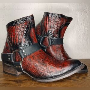 Freebird by Steven Santiago Red and Black Crocodile Motorcycle Ankle Boots